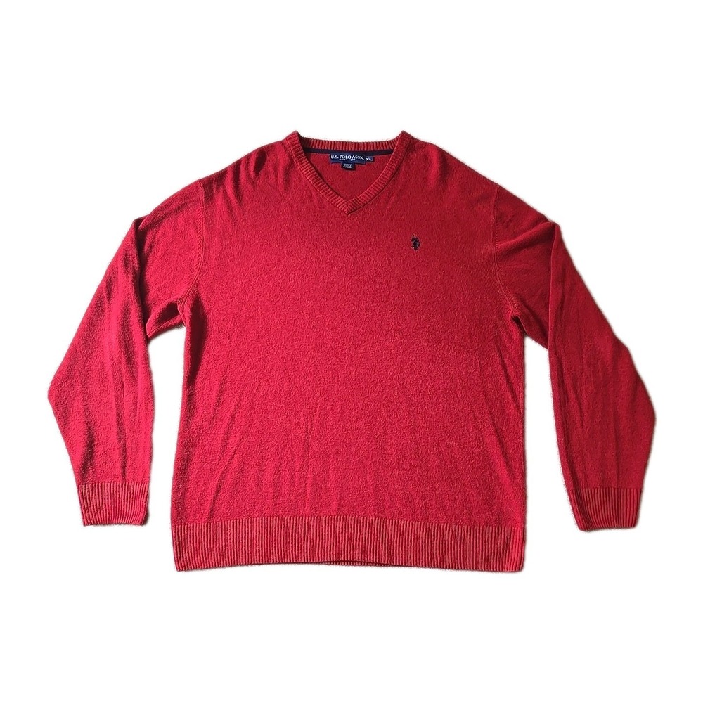 US Polo Assn. Knit Sweater Mens XL Long Sleeve Red V-Neck Embroidered GUC